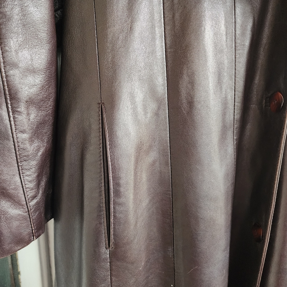 Andre Vintage 80's Brown Leather Coat with Black Faux Fur Collar - Picture 3 of 11